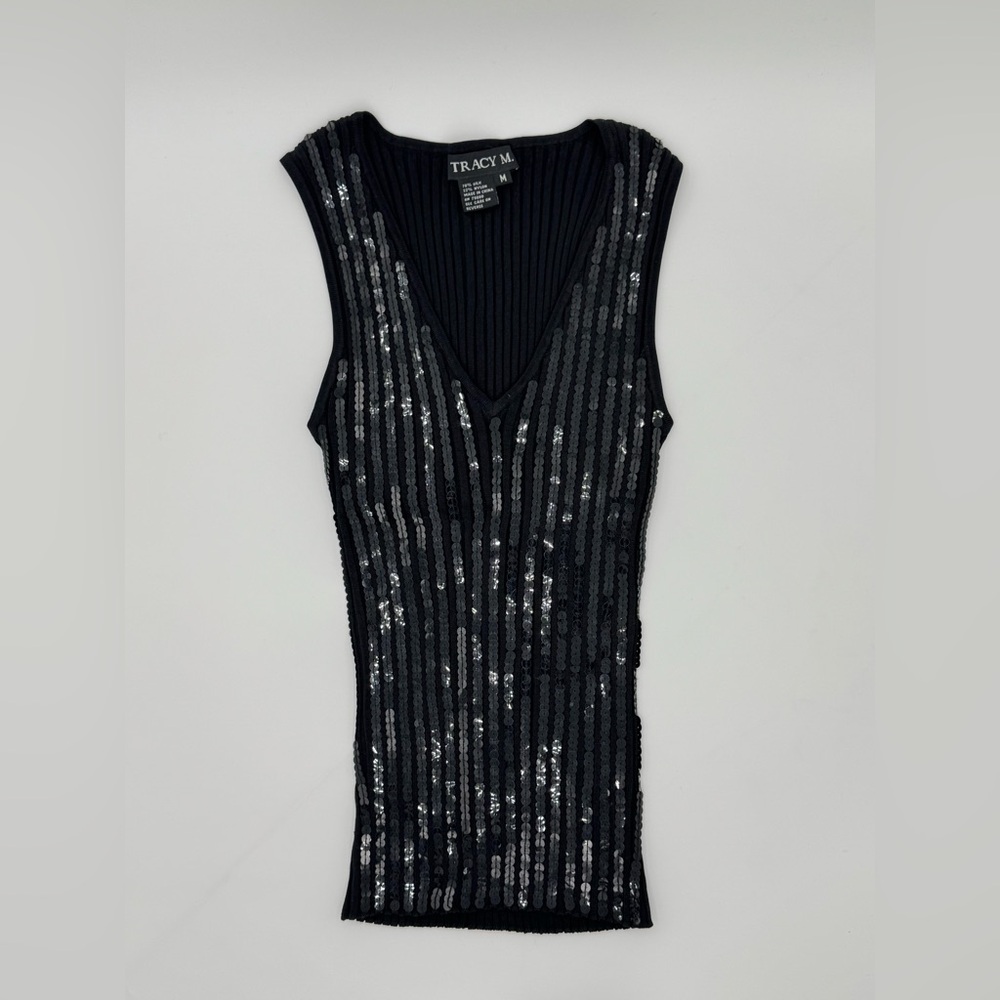 Tracy M Black Sequin Silk Blend V-Neck Women's Top Size M